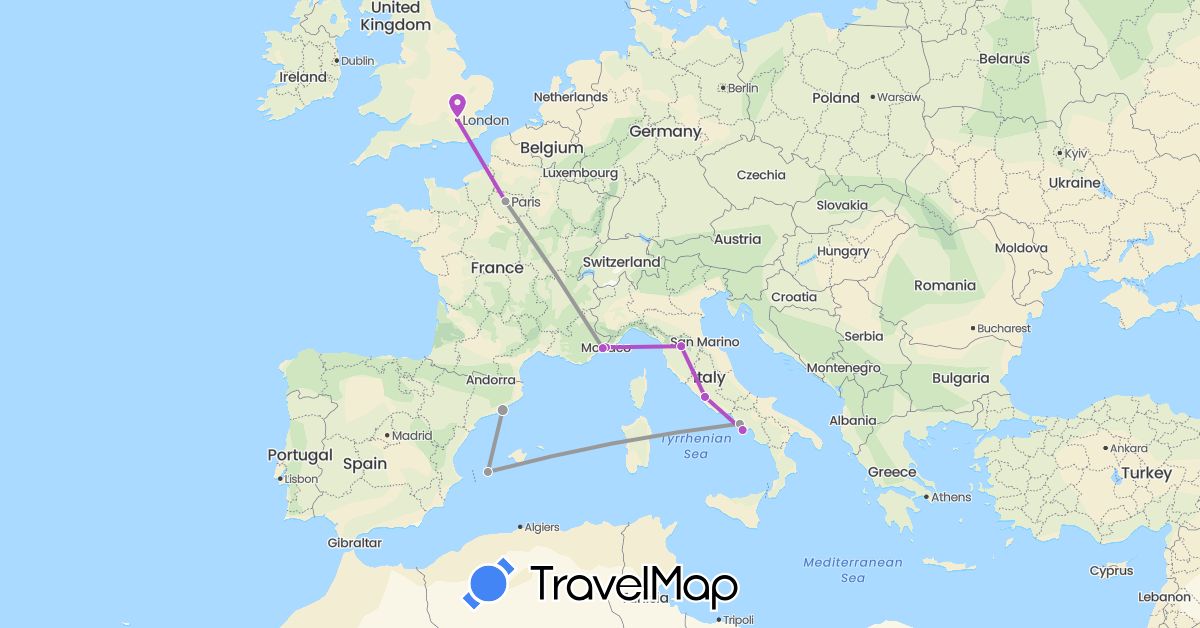 TravelMap itinerary: driving, plane, train in Spain, France, United Kingdom, Italy, Monaco (Europe)